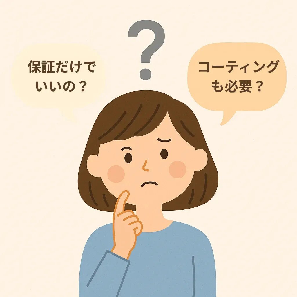 保証とコーティングで迷う女性のイメージイラスト