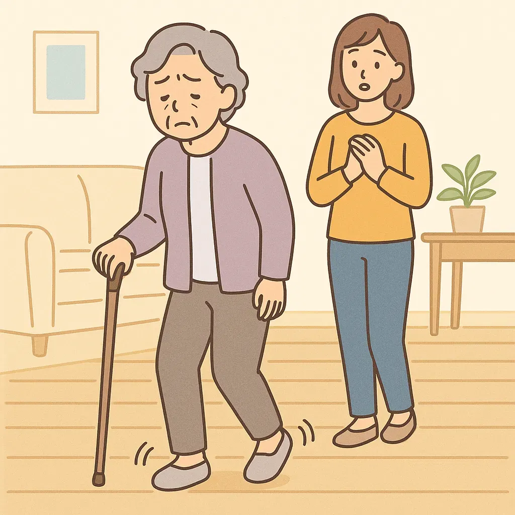 高齢者の転倒を心配する家族のイラスト