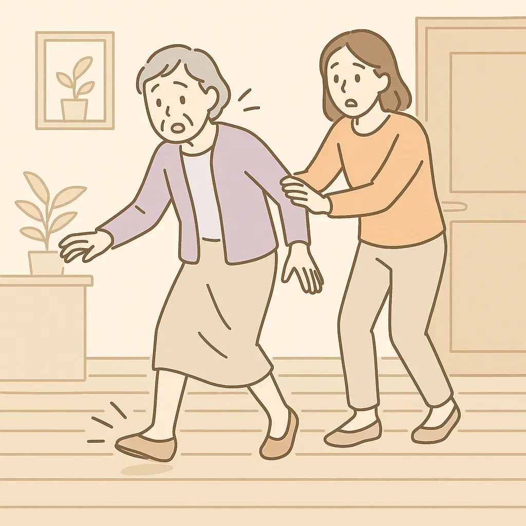 転びそうな高齢の母親を心配そうに支える娘のイラスト