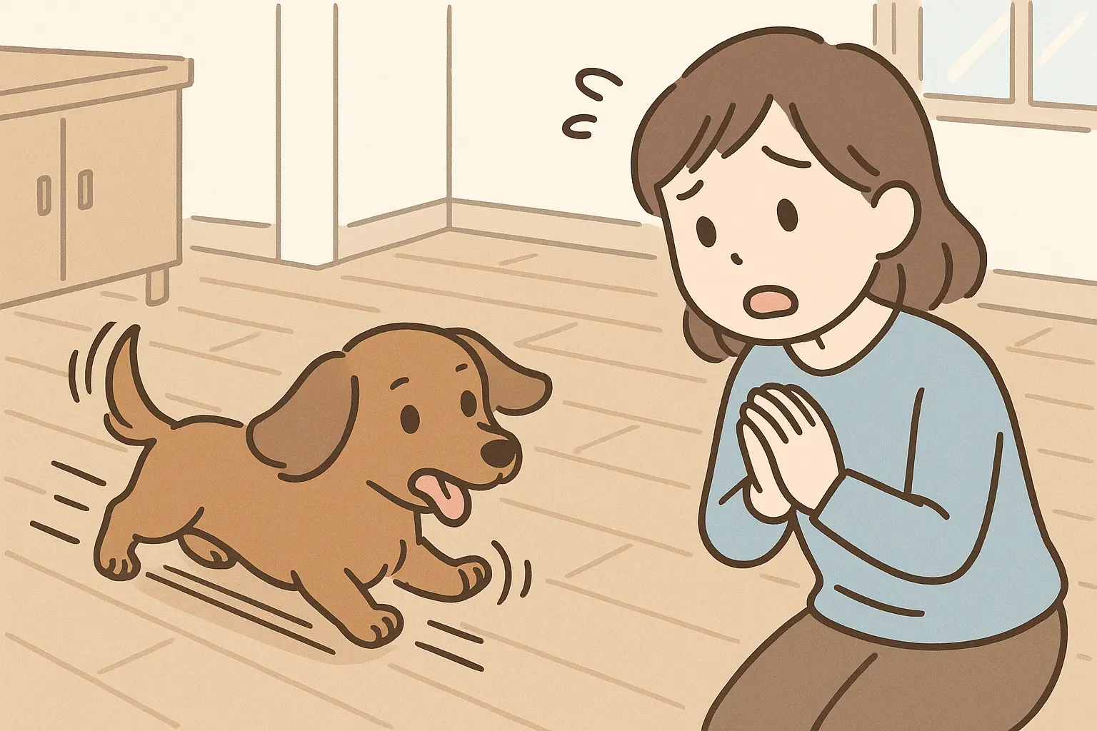 フローリングで滑ってしまう犬を見て心配する飼い主のイラスト