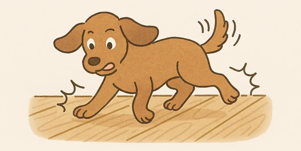 犬がフローリングで滑る原因を説明するイラスト（乾燥・足裏・加齢など）