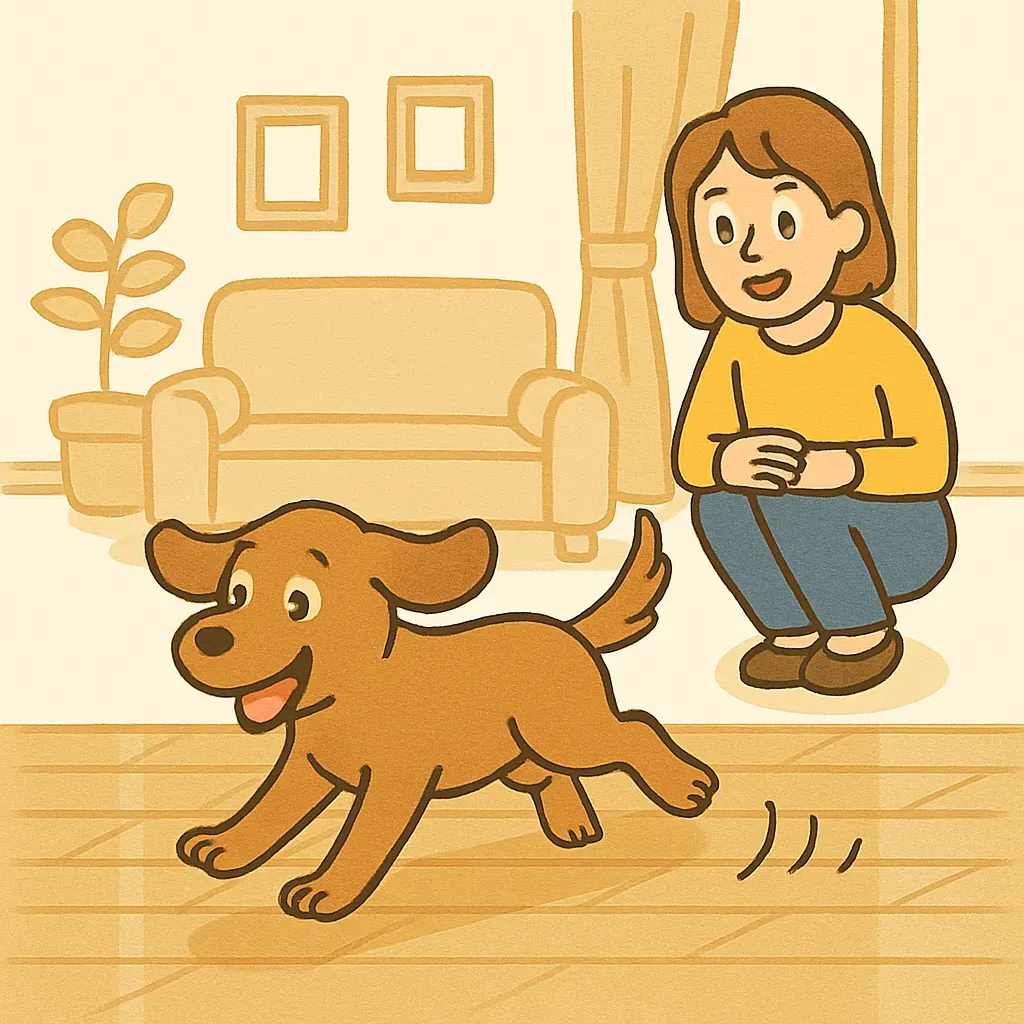 フローリングで滑らずに走る犬と、それを見守る飼い主のイラスト