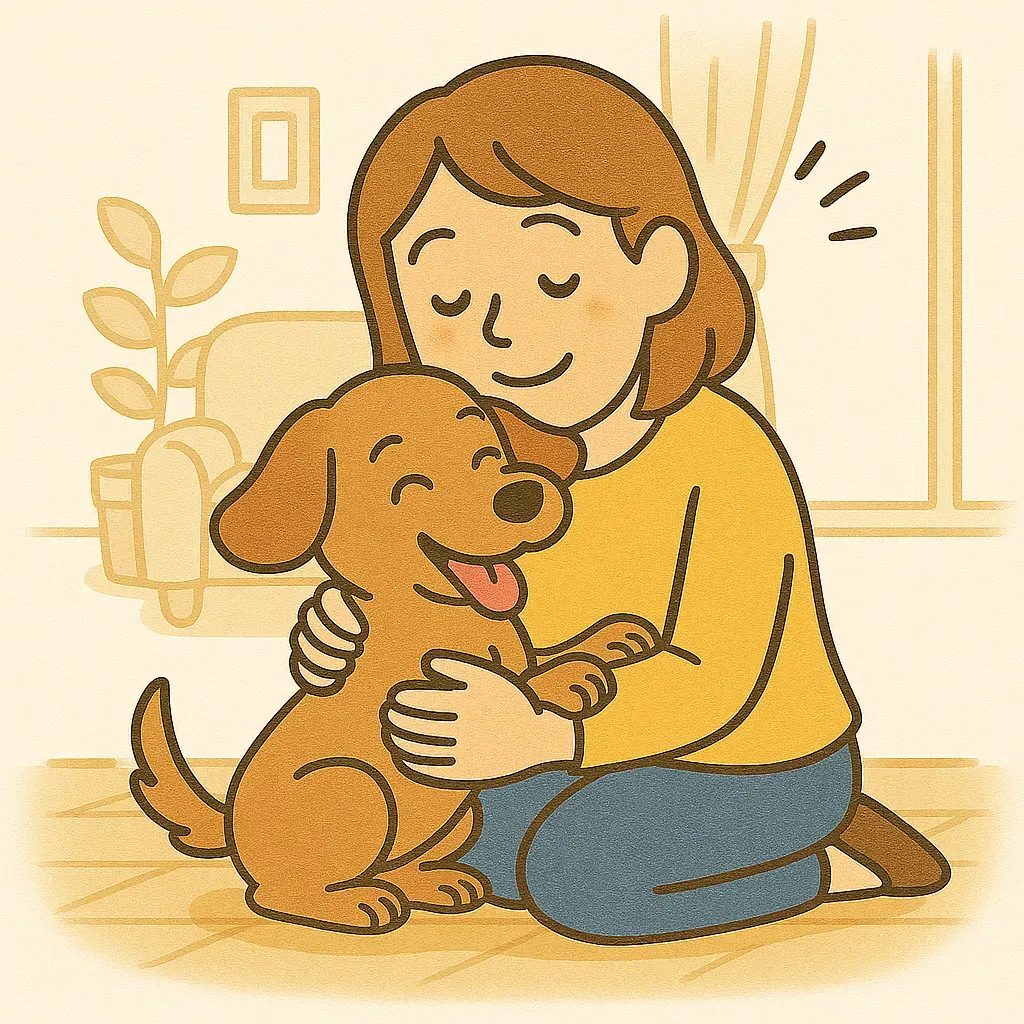 安心して暮らす犬と飼い主の温かな暮らしを表現したまとめ用イラスト