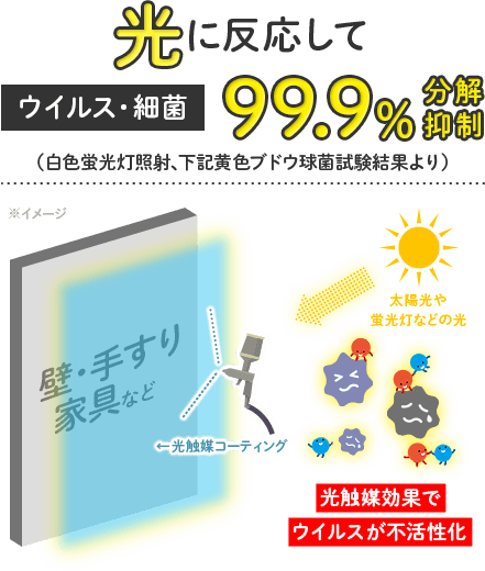 光に反応してウイルス・細菌99.9%分解抑制